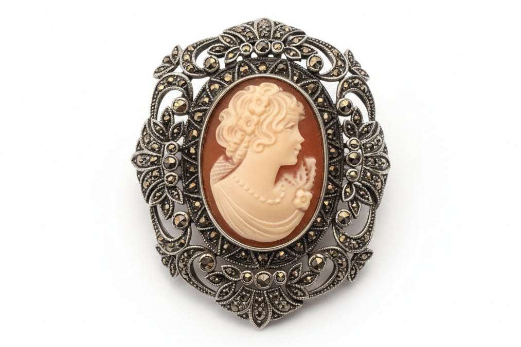 Vintage 80s Sterling Silver & marcasite Cameo Broach