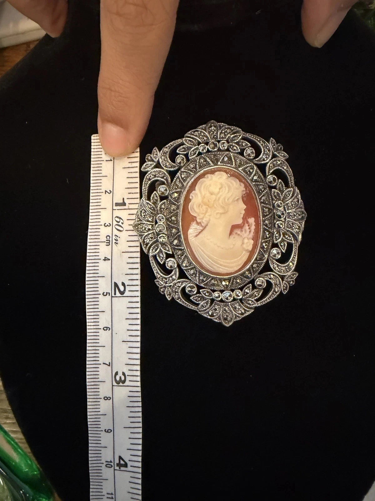 Vintage 80s Sterling Silver & marcasite Cameo Broach