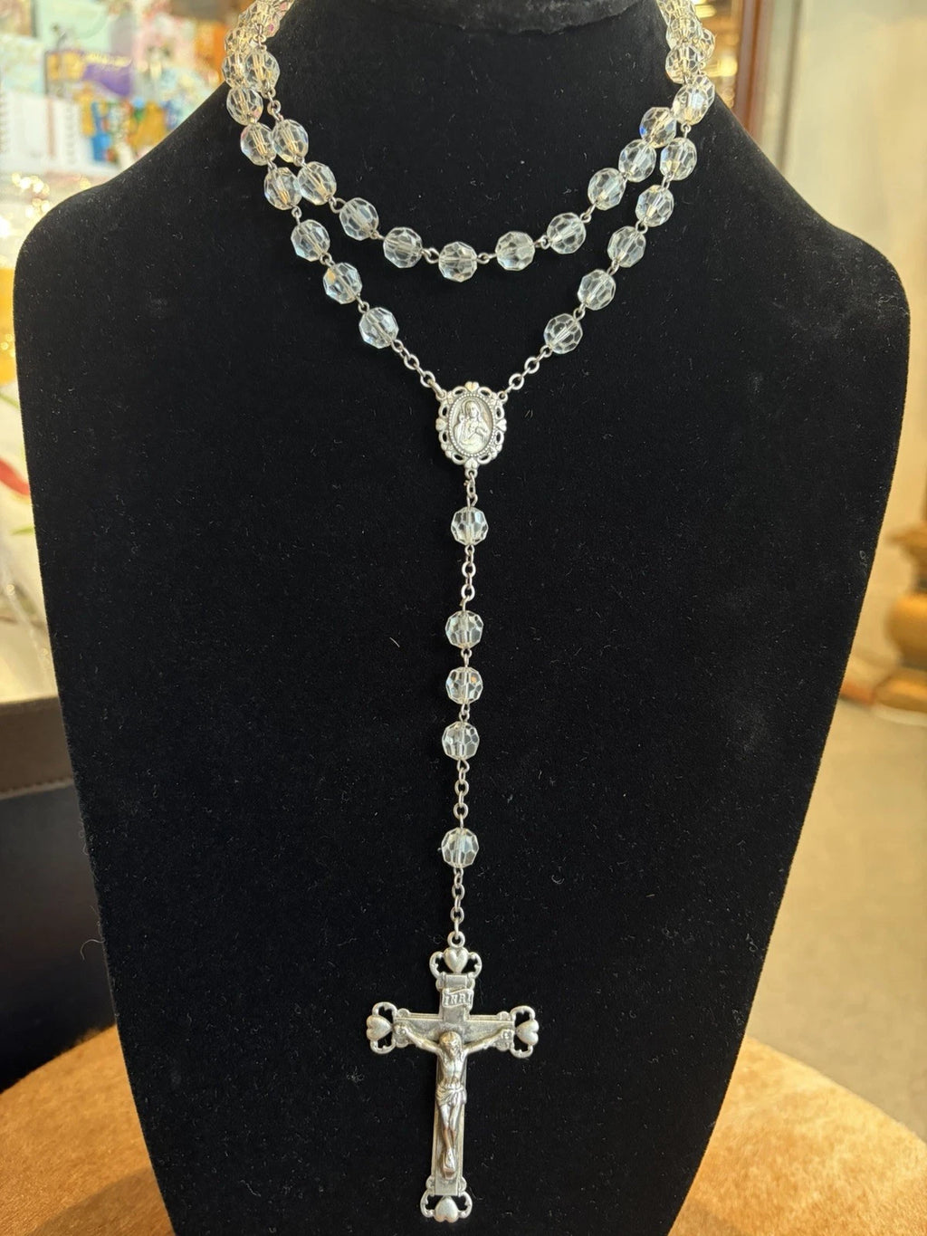 Vintage Sterling Clear Crystal Heart Rosary Beads 57.4 Grams