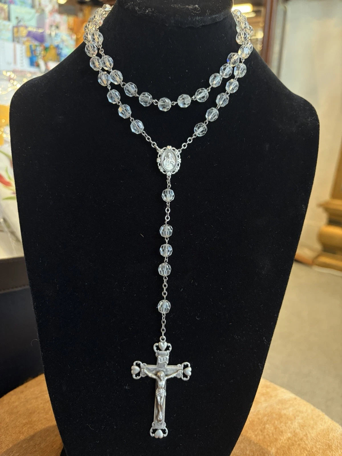 Vintage Sterling Clear Crystal Heart Rosary Beads 57.4 Grams