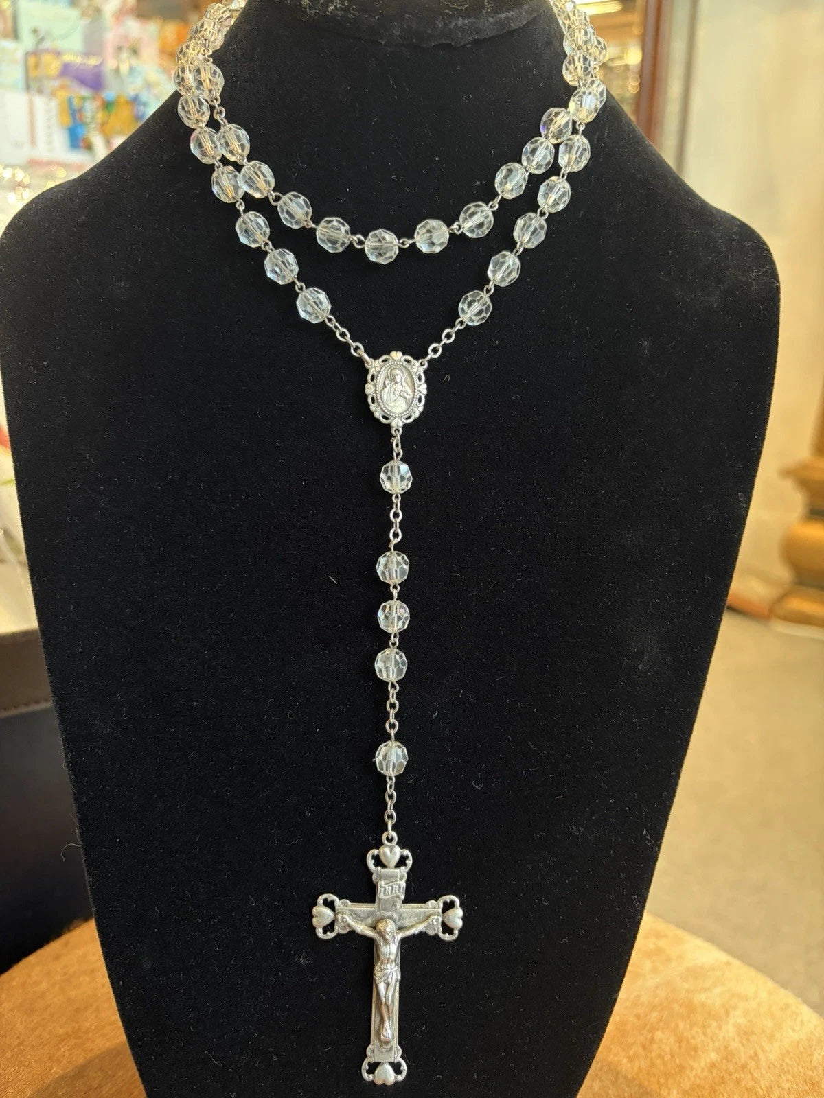 Vintage Sterling Clear Crystal Heart Rosary Beads 57.4 Grams