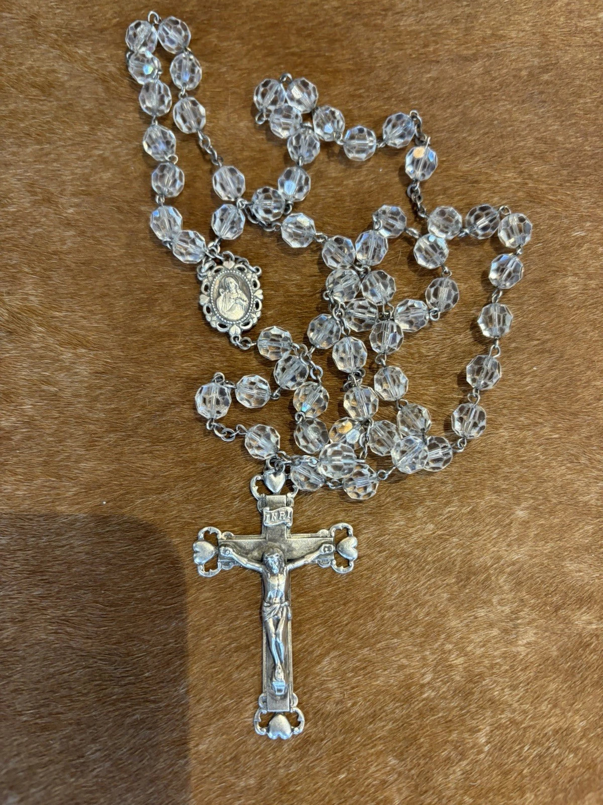 Vintage Sterling Clear Crystal Heart Rosary Beads 57.4 Grams