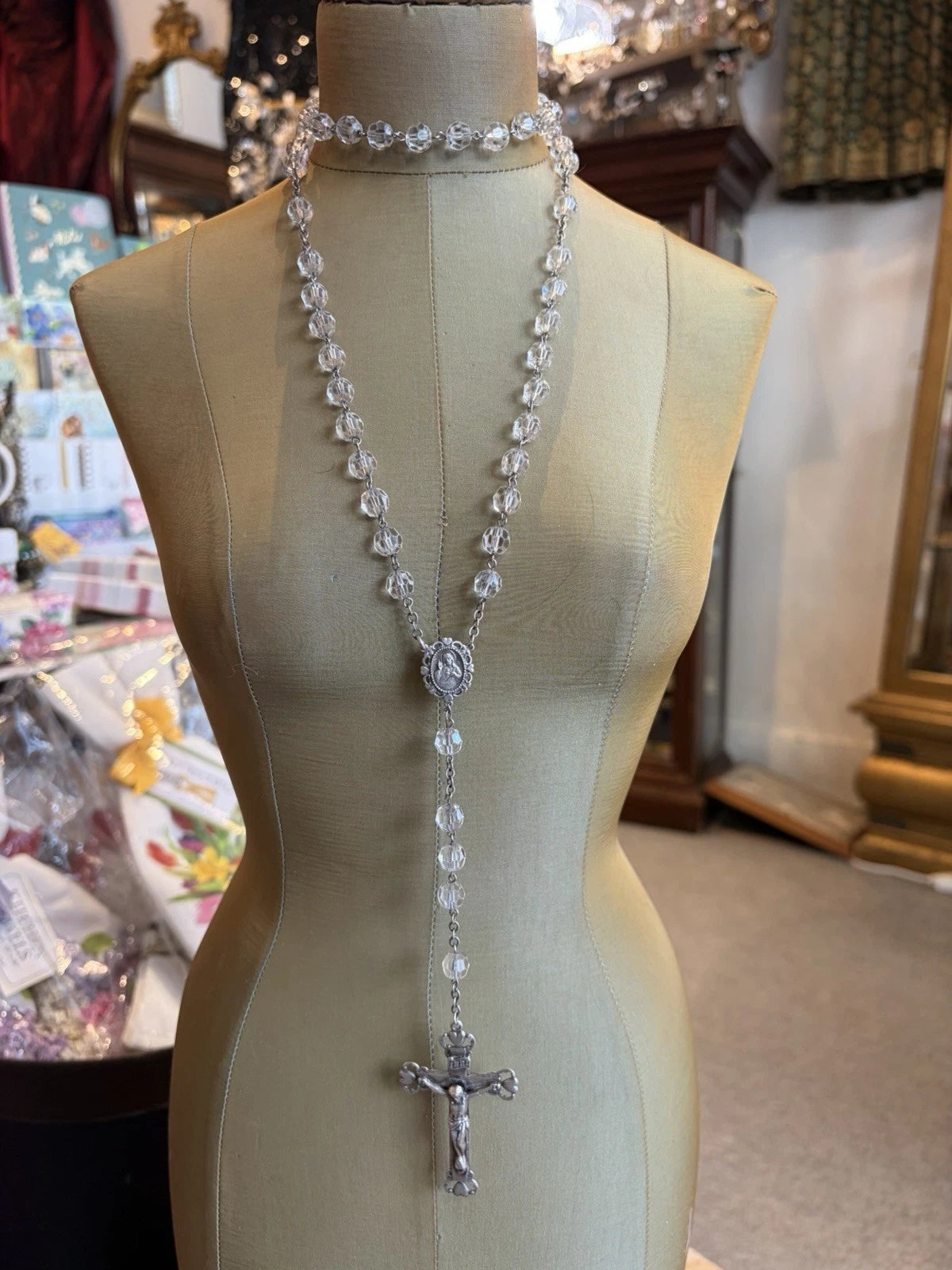 Vintage Sterling Clear Crystal Heart Rosary Beads 57.4 Grams