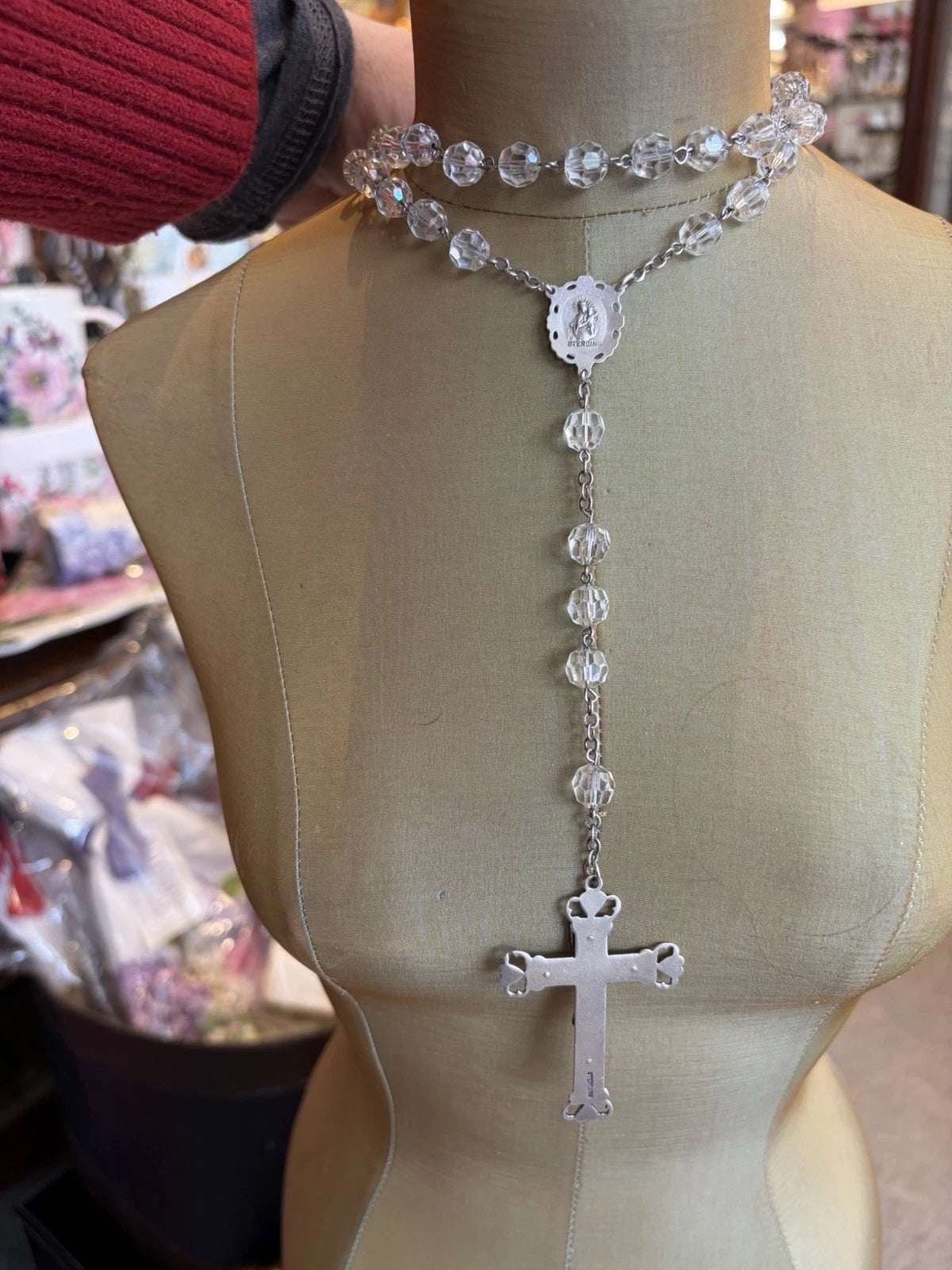 Vintage Sterling Clear Crystal Heart Rosary Beads 57.4 Grams