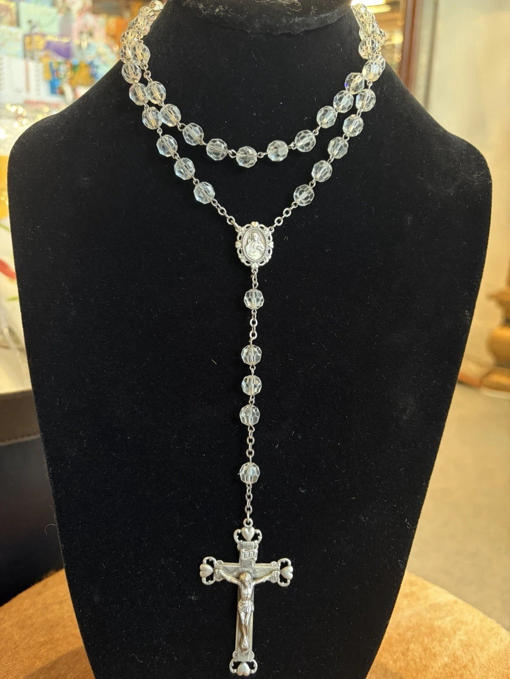 Vintage Sterling Clear Crystal Heart Rosary Beads 57.4 Grams