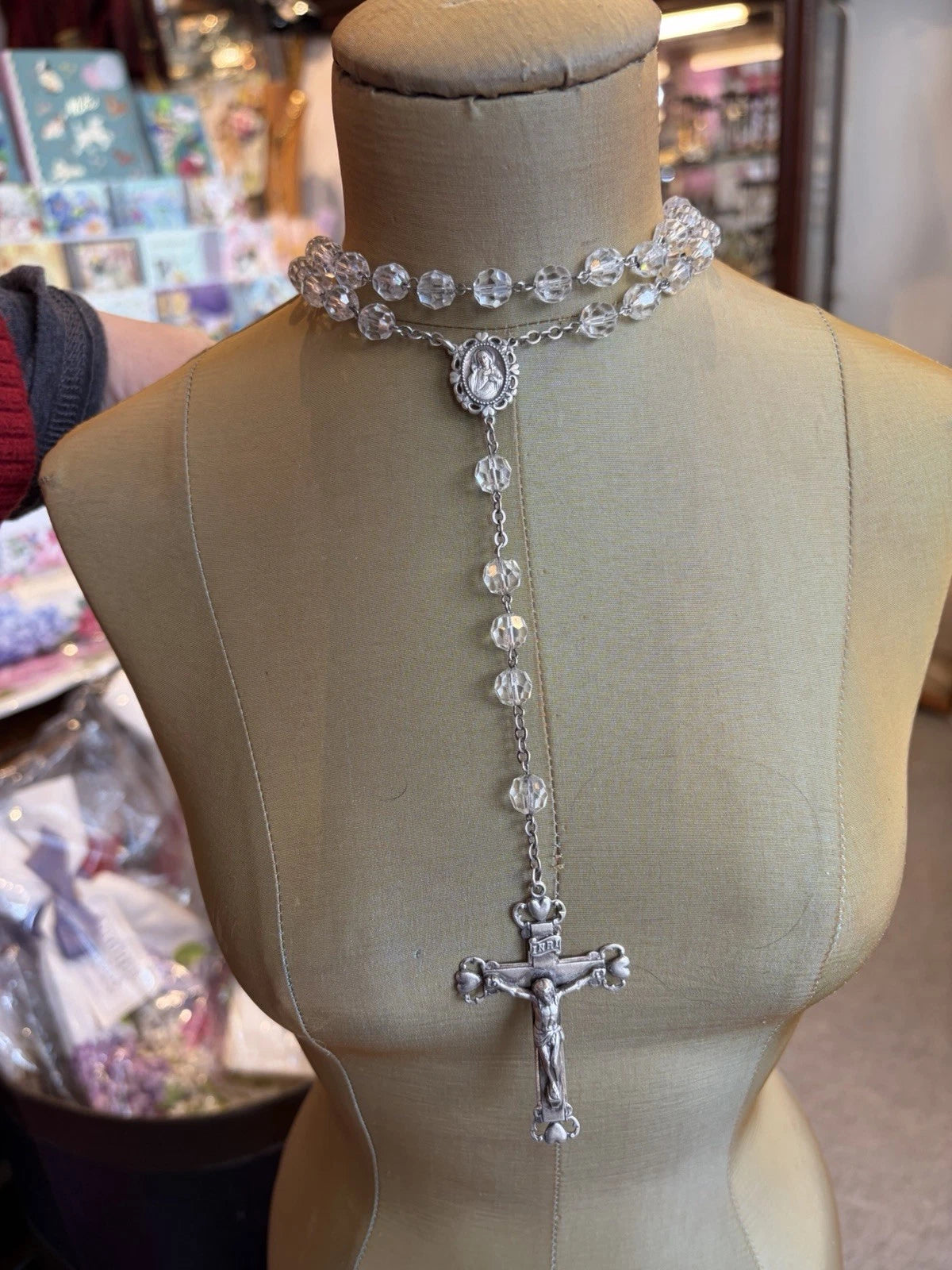 Vintage Sterling Clear Crystal Heart Rosary Beads 57.4 Grams