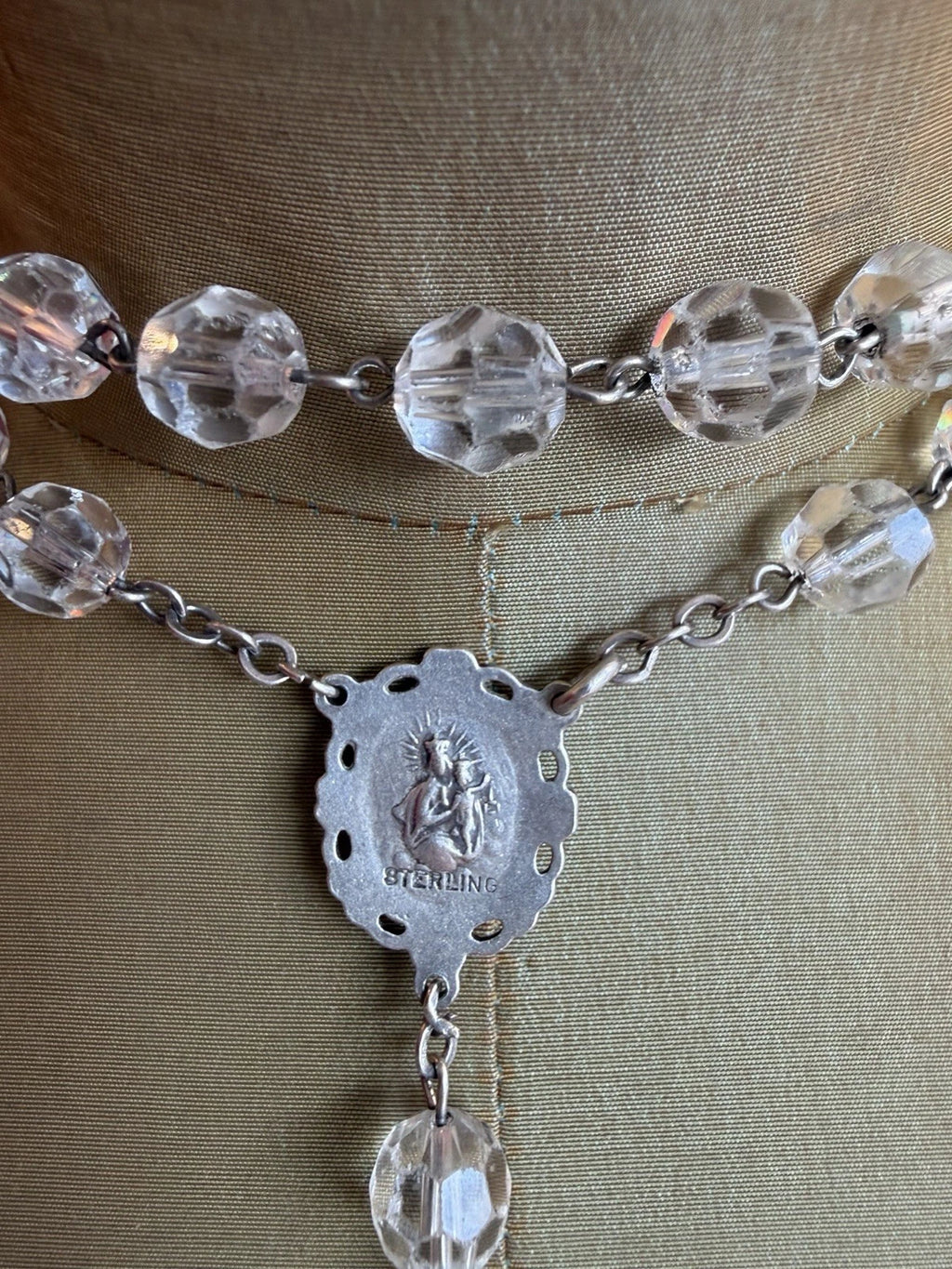 Vintage Sterling Clear Crystal Heart Rosary Beads 57.4 Grams