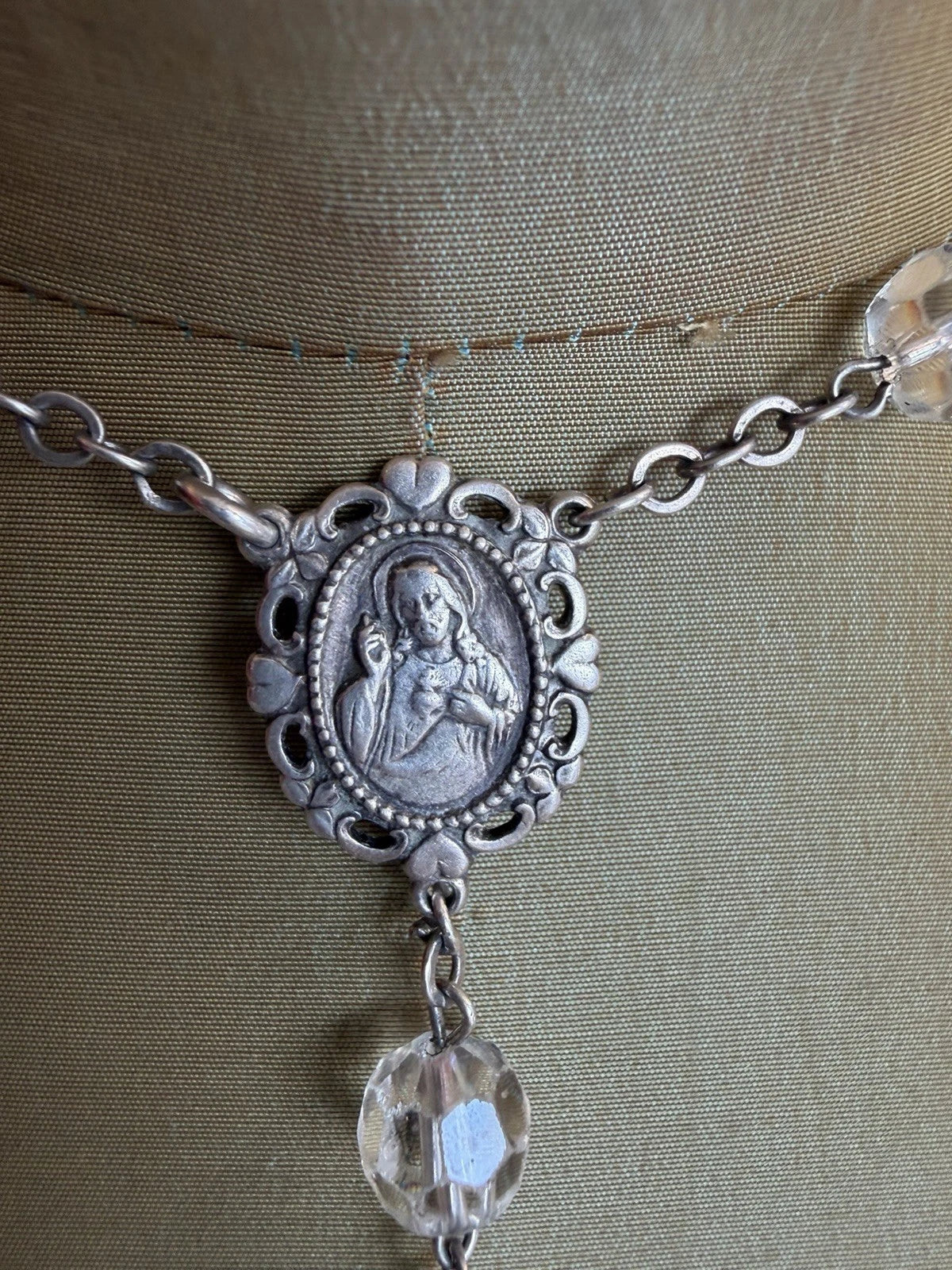 Vintage Sterling Clear Crystal Heart Rosary Beads 57.4 Grams