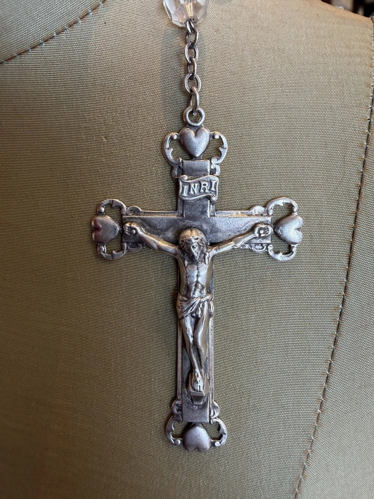 Vintage Sterling Clear Crystal Heart Rosary Beads 57.4 Grams