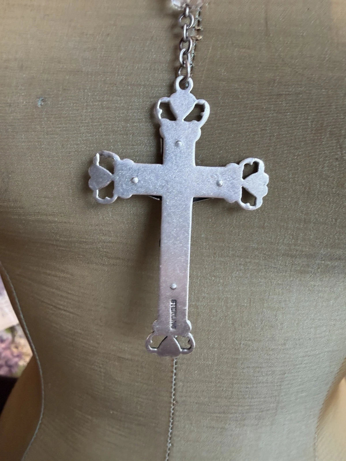 Vintage Sterling Clear Crystal Heart Rosary Beads 57.4 Grams