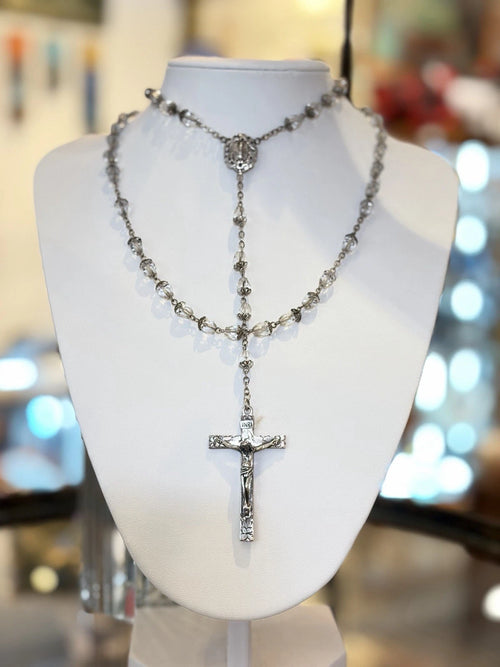 Vintage Sterling and Crystal Rosary Bead Necklace —Italy