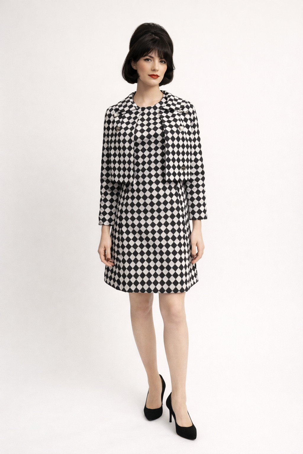 Vintage Black & White Checkered Dress & Jacket Ensemble, 1960's Women's Costume Rental