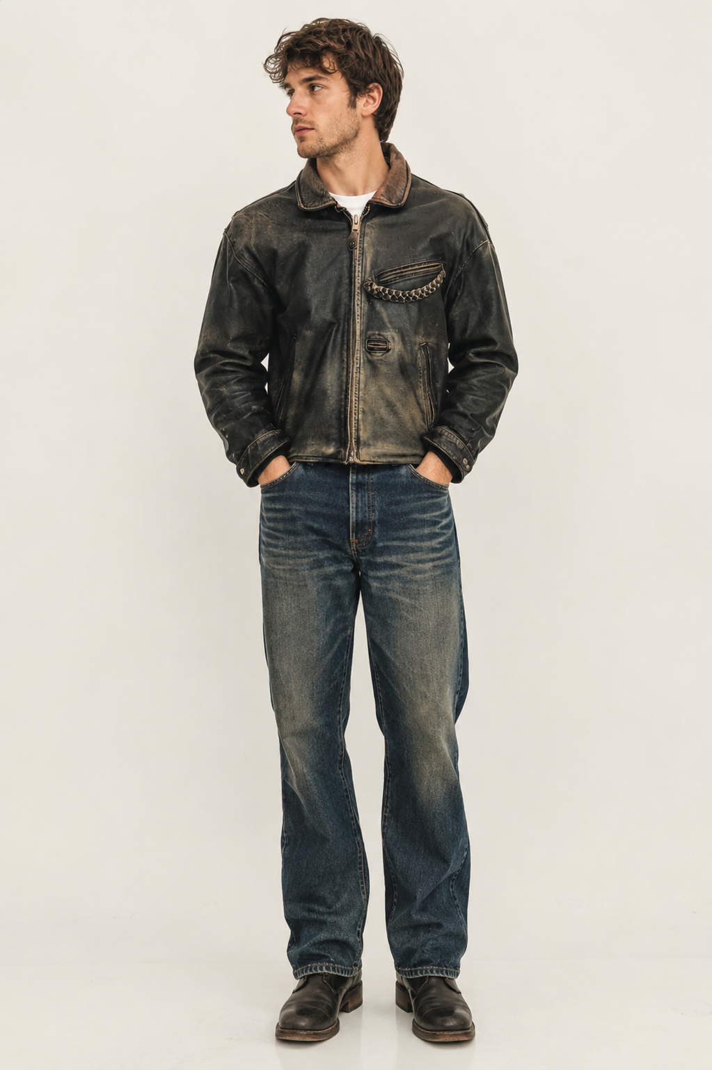 Washed Out Black Greaser Leather Jacket, 1950's Men's Rental