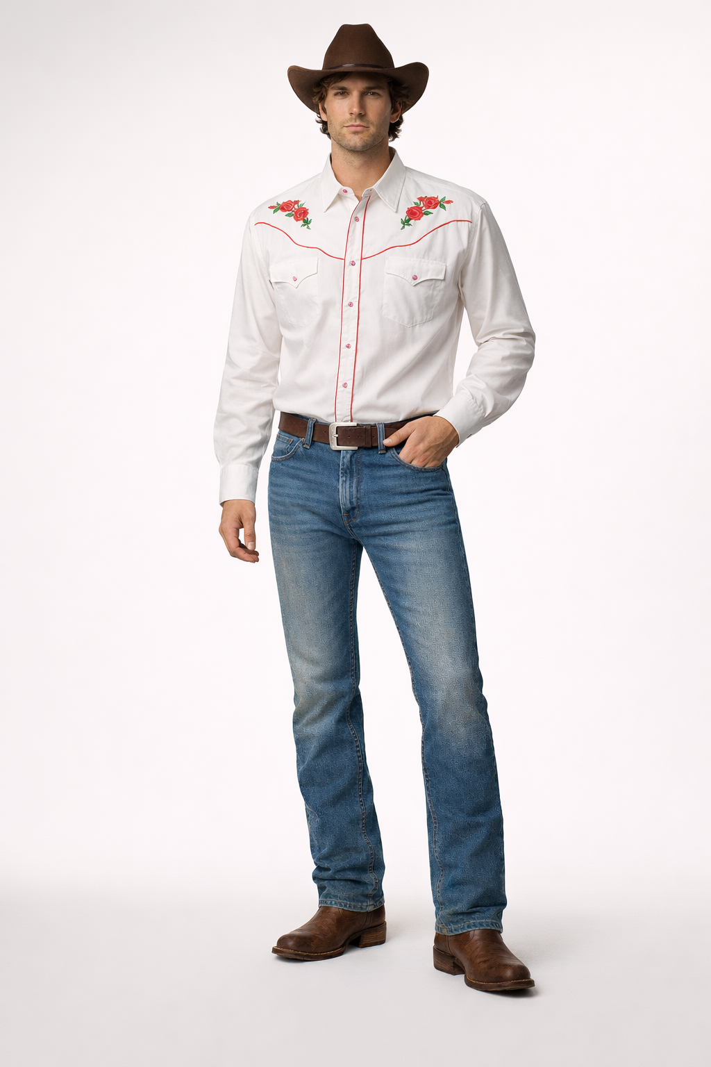 White Cowboy Shirt with Red Roses, Wild West Men's Costume Rental