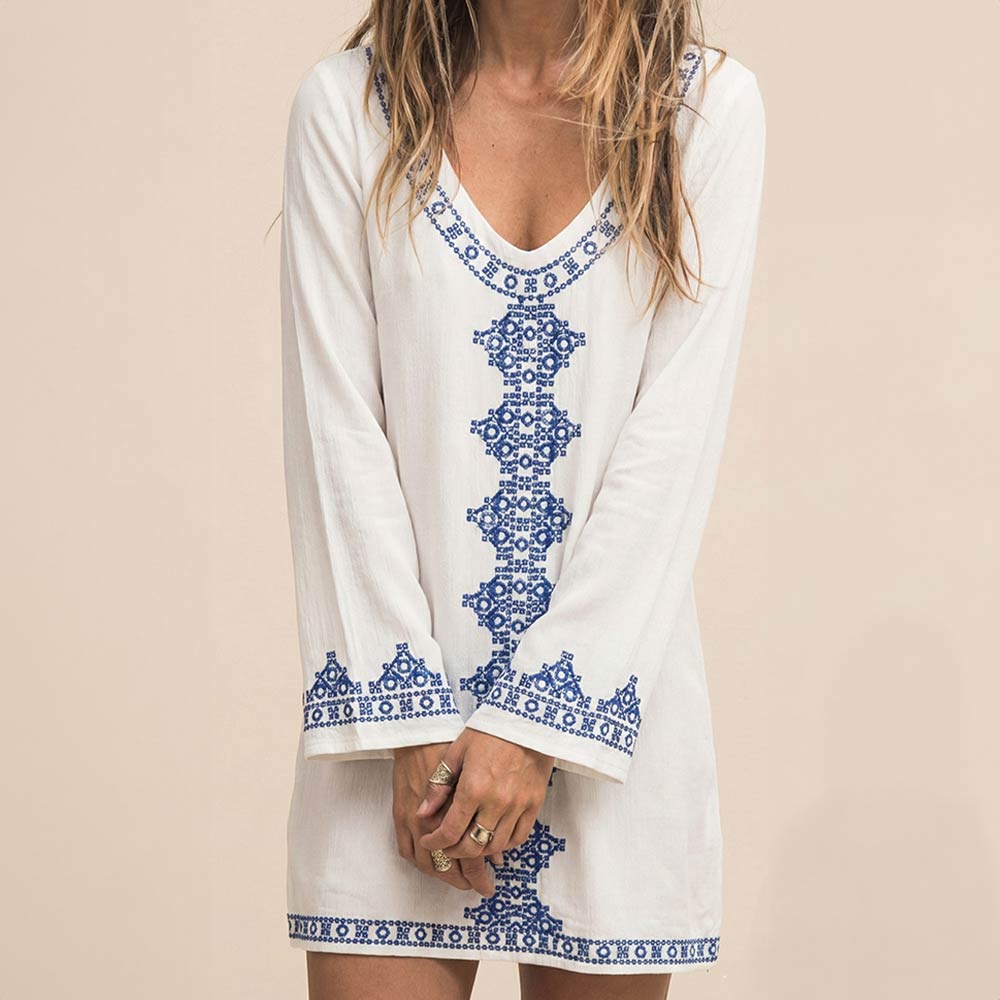 White Embroidered Long Sleeves Boho Tunic Dress