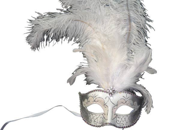 White Silver Venetian Feather Mask