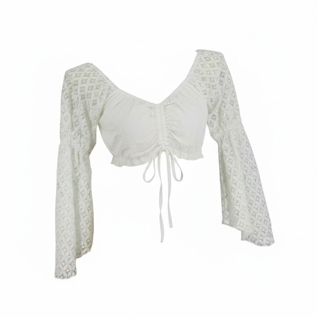 Women's White Crop Top with Crochet Lace Sleeves costume