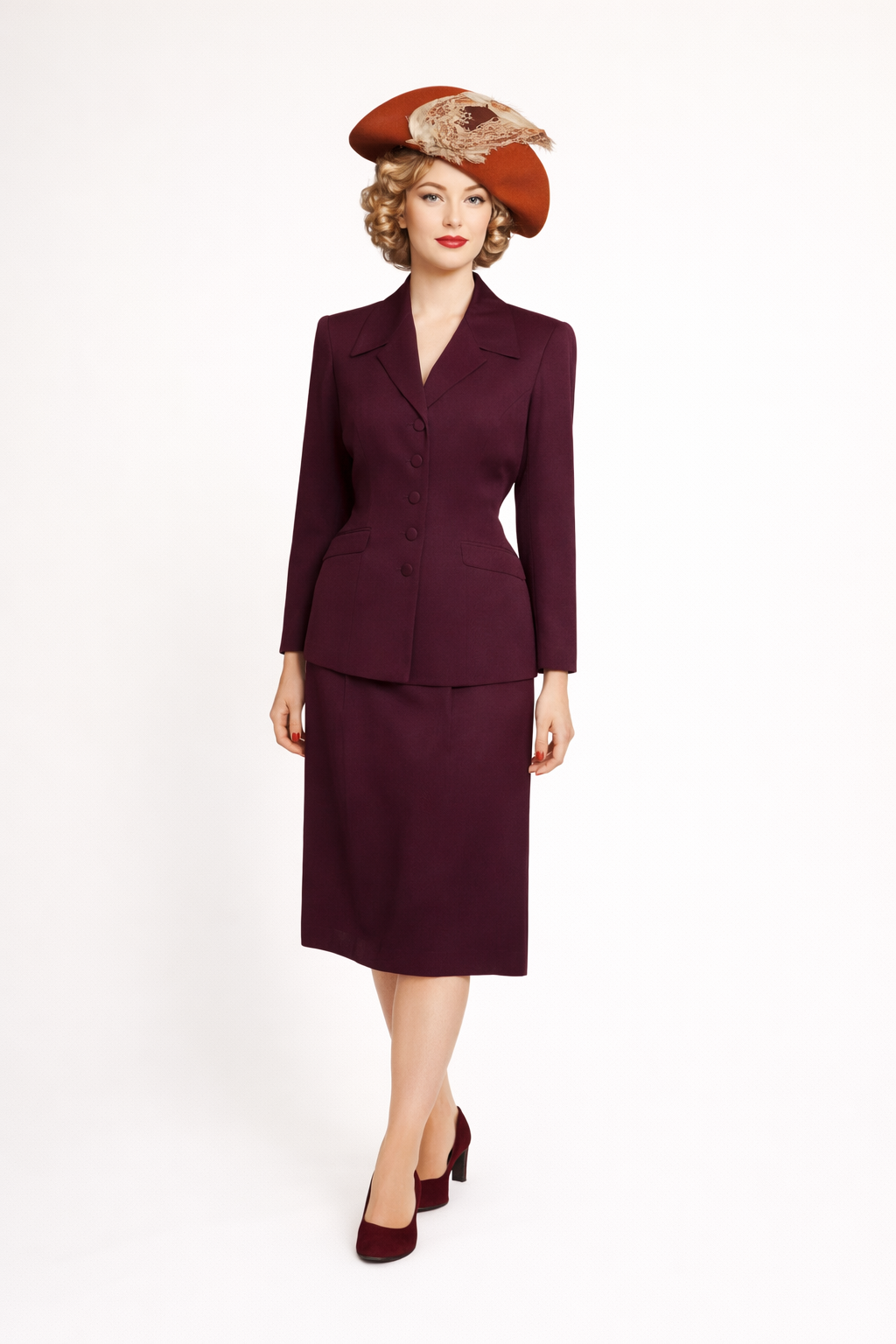 Wine Gaberdine Suit 1940's Women's Costume Rental