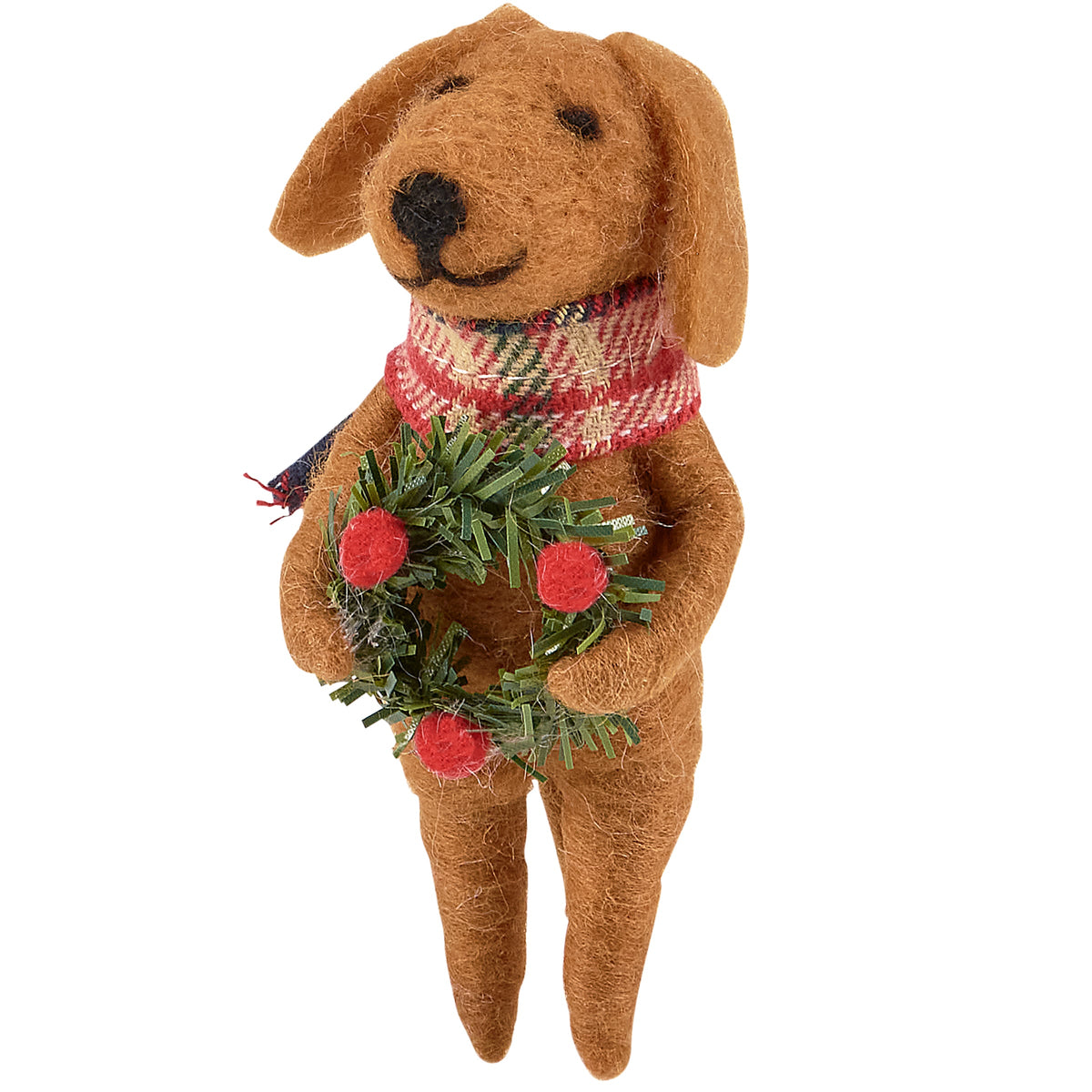 felt dog  ornament with a plaid scarf and Christmas wreath