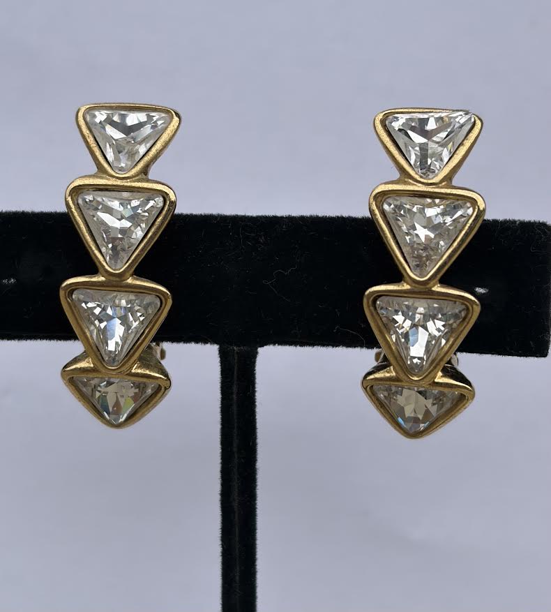 Vintage 80's YSL Gold Clip On Clear Crystal Triangle Earrings