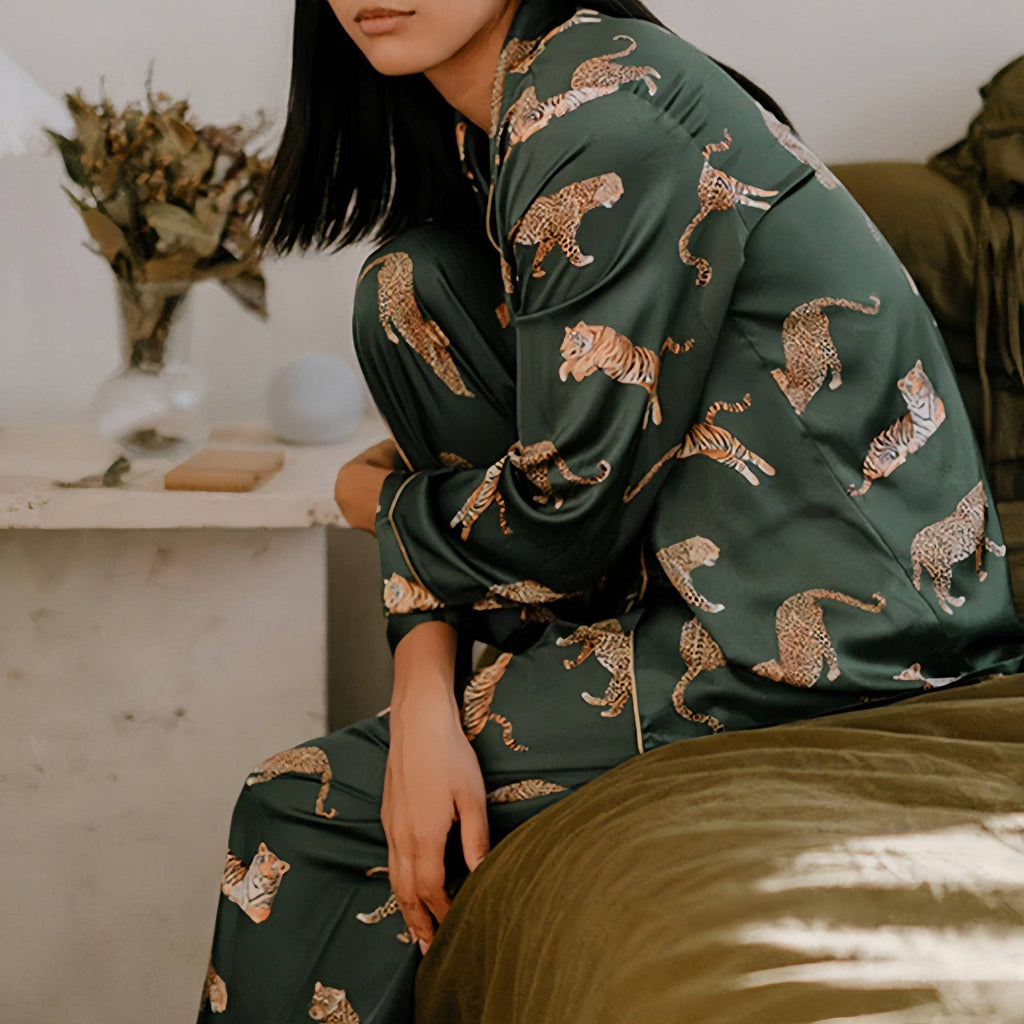 Long Sleeve Button Front Pajama Set with Tiger Print and Sat
