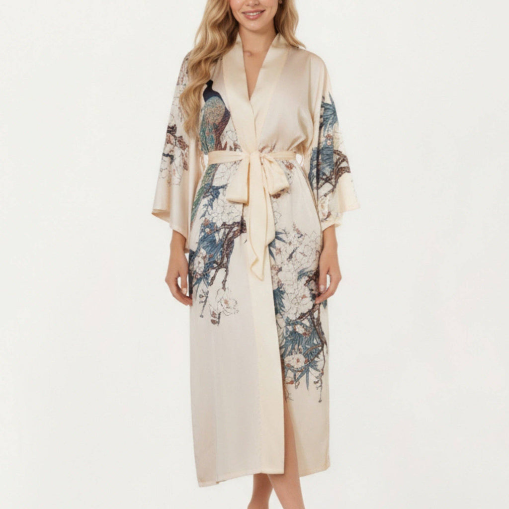Long Satin Kimono Robe with Tie Waist and Artistic Floral Pr