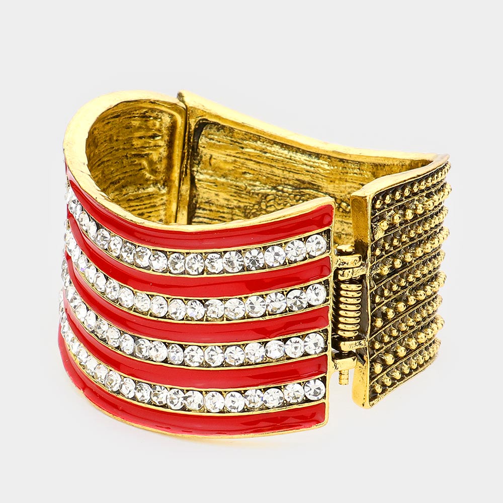 Gold Crystal Rhinestone American Flag Hinged Bracelet