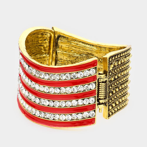 Gold Crystal Rhinestone American Flag Hinged Bracelet