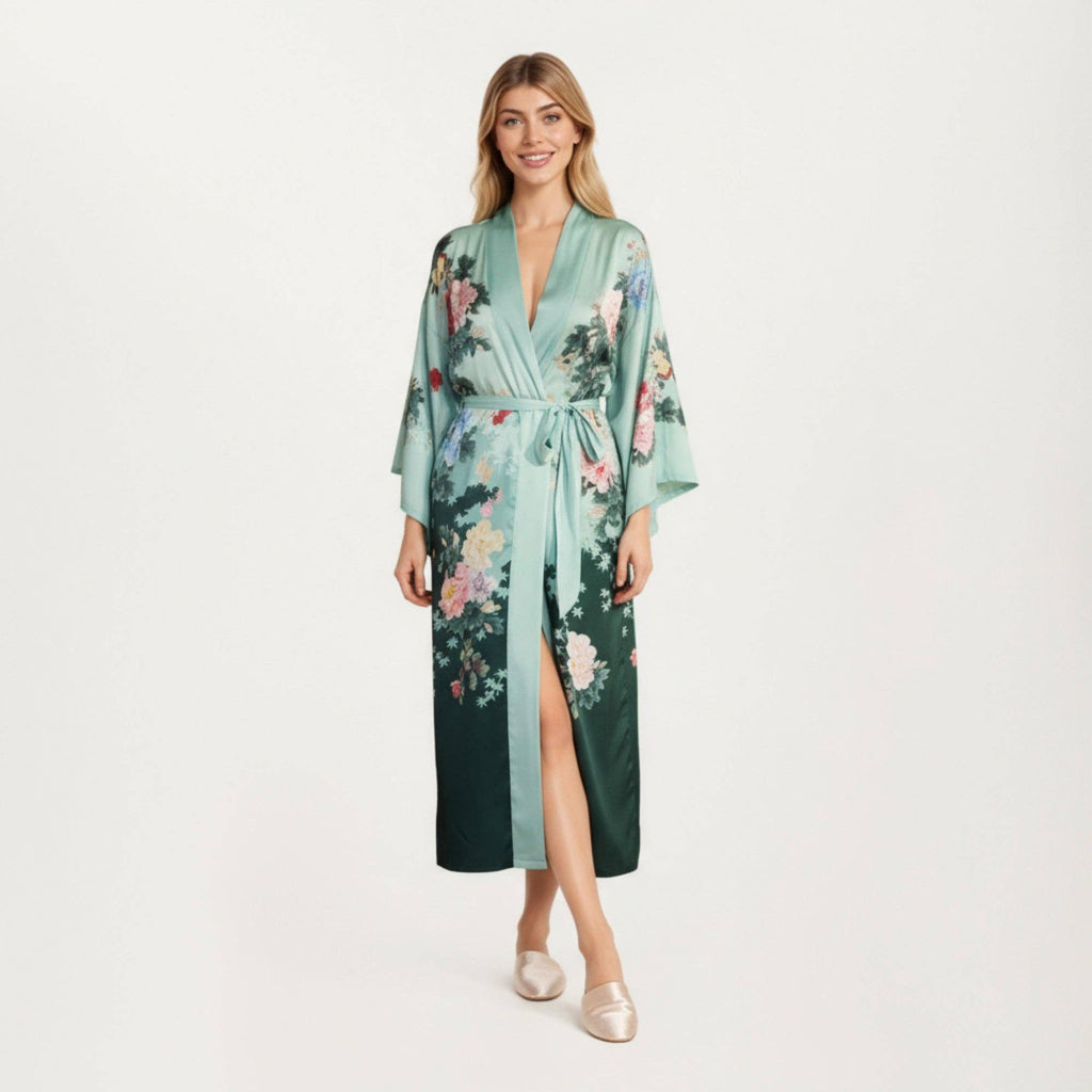 Long Satin Kimono Robe with Tie Waist and Artistic Floral Pr