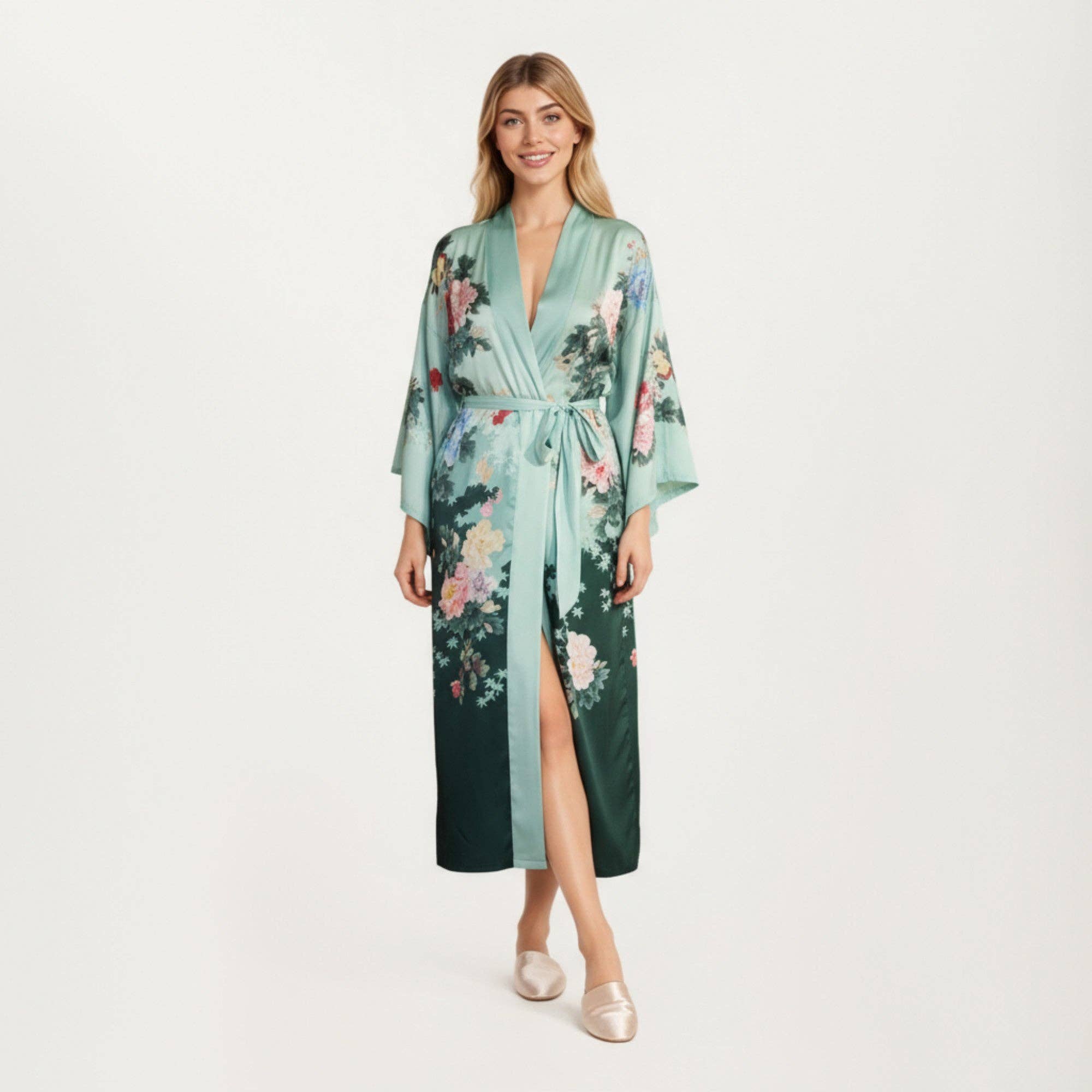 Long Satin Kimono Robe with Tie Waist and Artistic Floral Pr