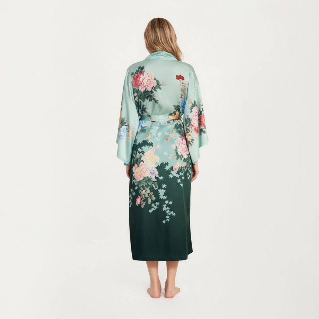 Long Satin Kimono Robe with Tie Waist and Artistic Floral Pr