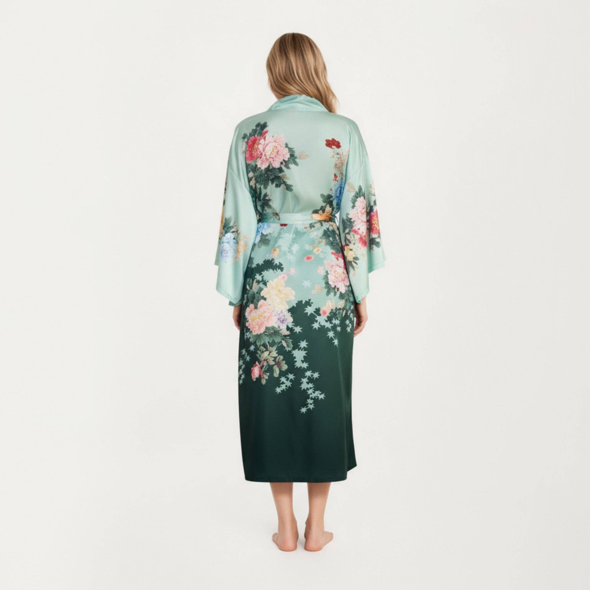 Long Satin Kimono Robe with Tie Waist and Artistic Floral Pr