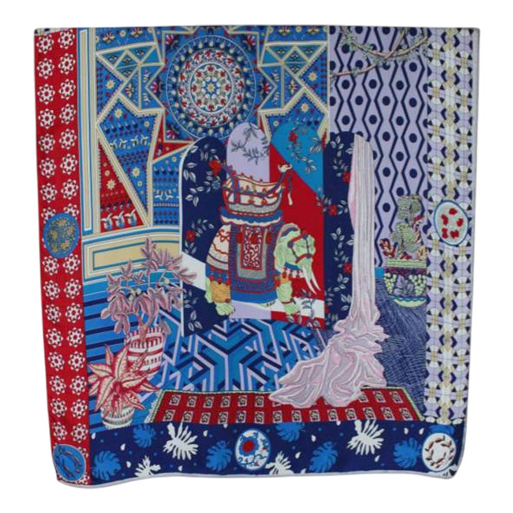 Blue Ornate Elephant Motif Printed Oblong Silky Satin Scarf Shawl