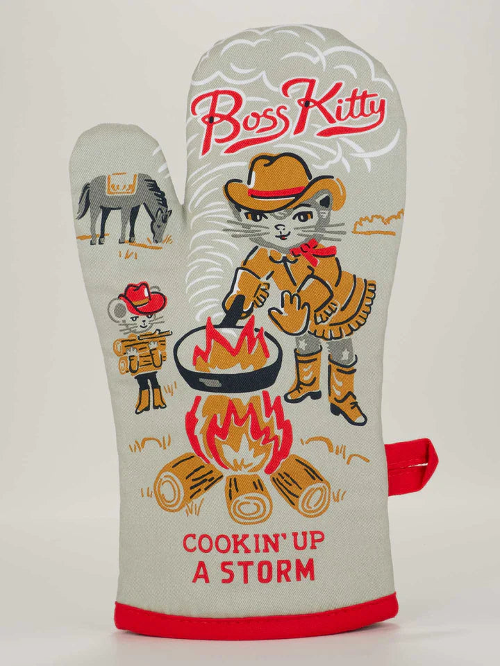 Oven mitt with cowboy cat design and 'Boss Kitty' text 