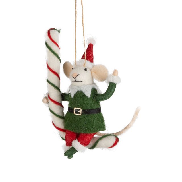 Elf Mouse on Candy Cane Ornament