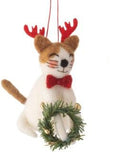  felt cat Christmas ornament  cat ornament is white and tan with red antlers