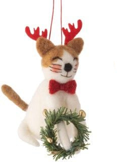  felt cat Christmas ornament  cat ornament is white and tan with red antlers
