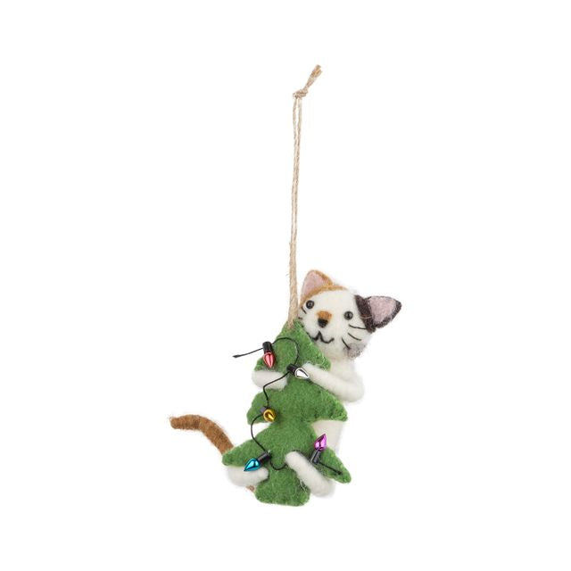 Cat ornament with green tree and lights 