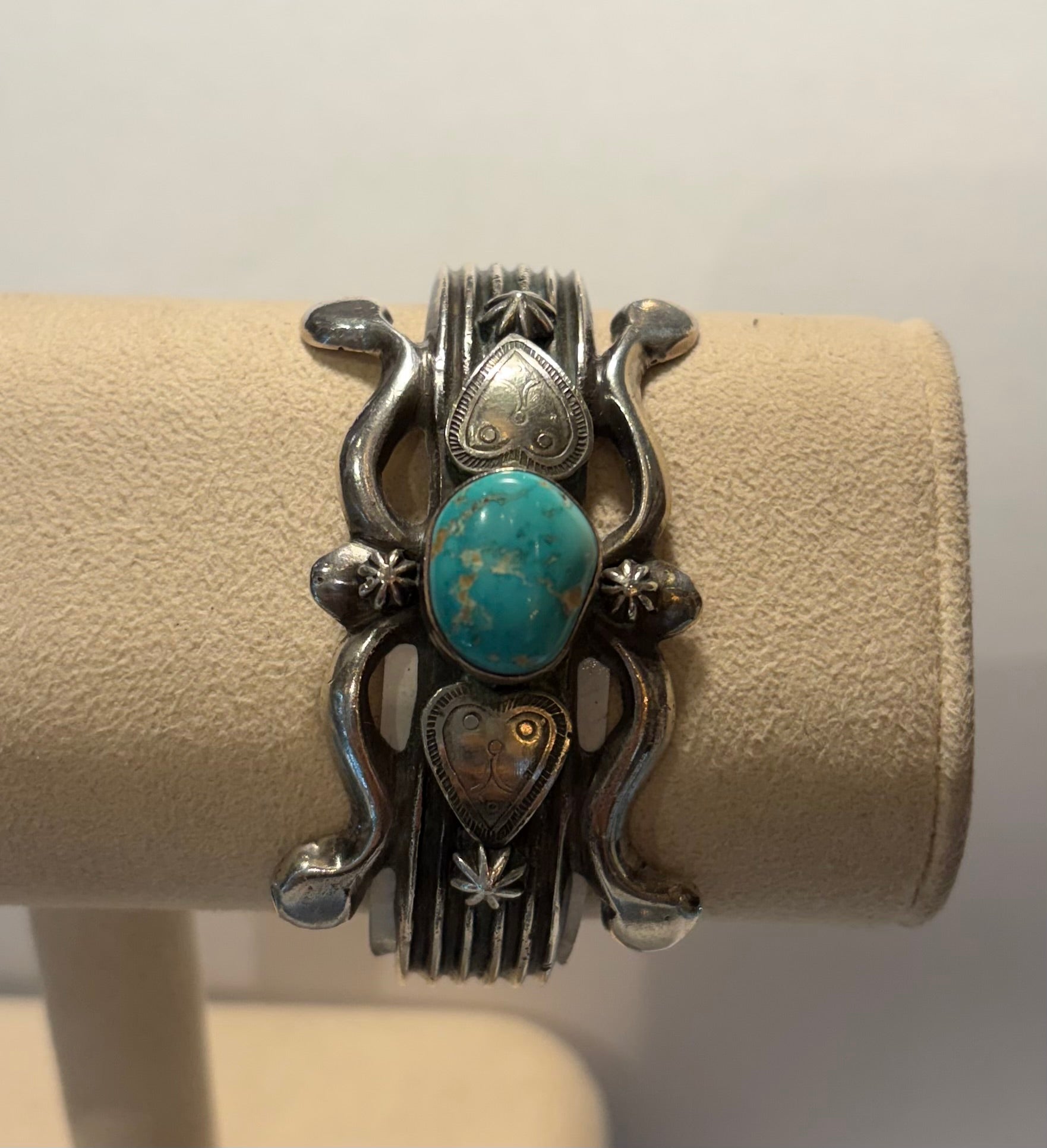 Vintage Sterling signed C.W.P Navajo Turquoise Cuff heart motif Bracelet