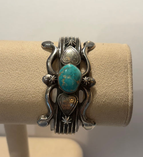 Vintage Sterling signed C.W.P Navajo Turquoise Cuff heart motif Bracelet