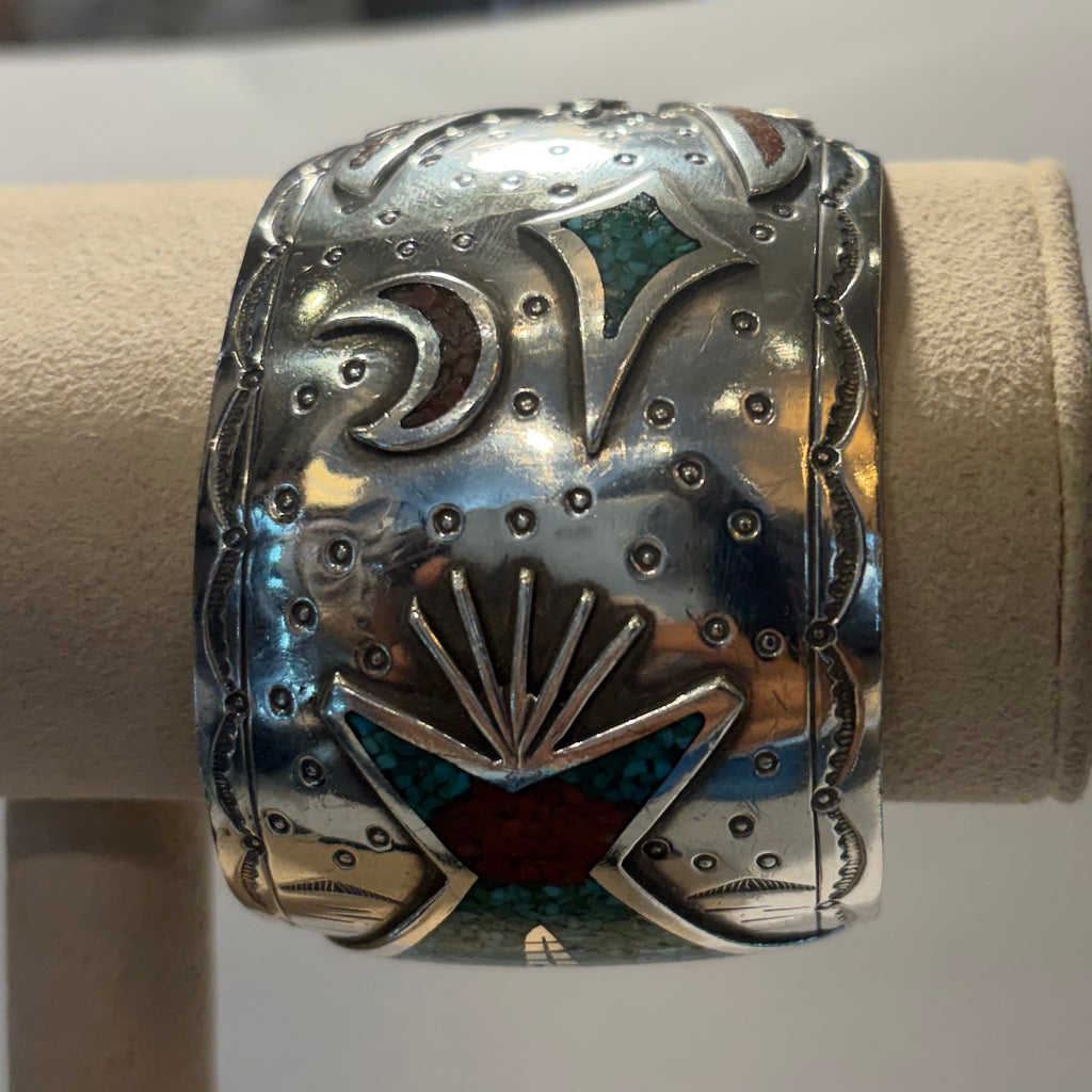 Large Sterling Inlaid Turquoise , and Coral Navajo Cuff bracelet