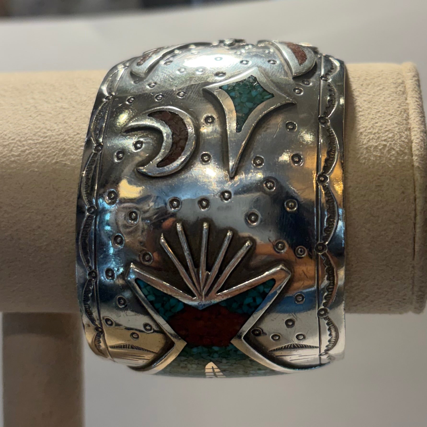 Large Sterling Inlaid Turquoise , and Coral Navajo Cuff bracelet