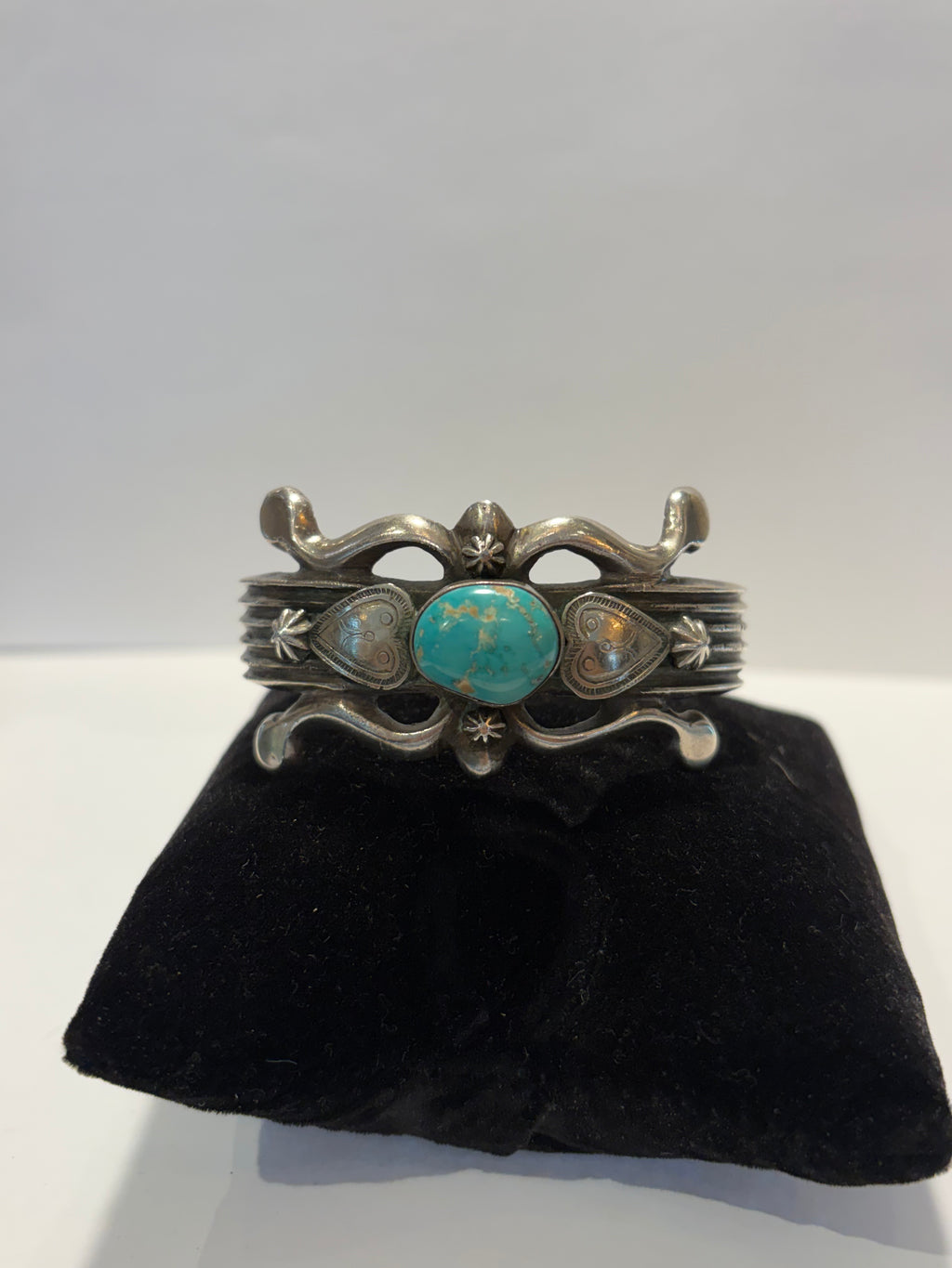 Vintage Sterling signed C.W.P Navajo Turquoise Cuff heart motif Bracelet