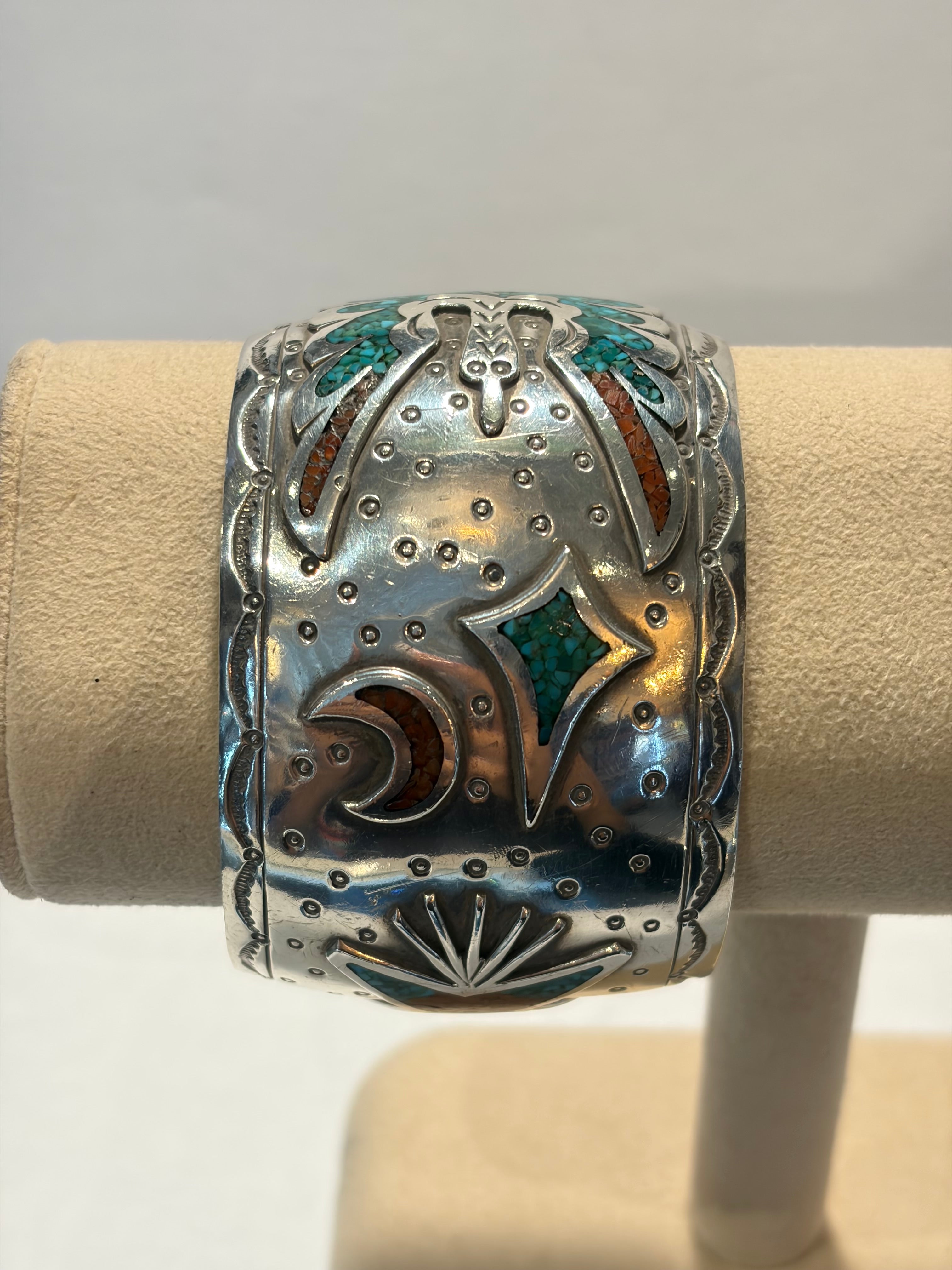 Large Sterling Inlaid Turquoise , and Coral Navajo Cuff bracelet