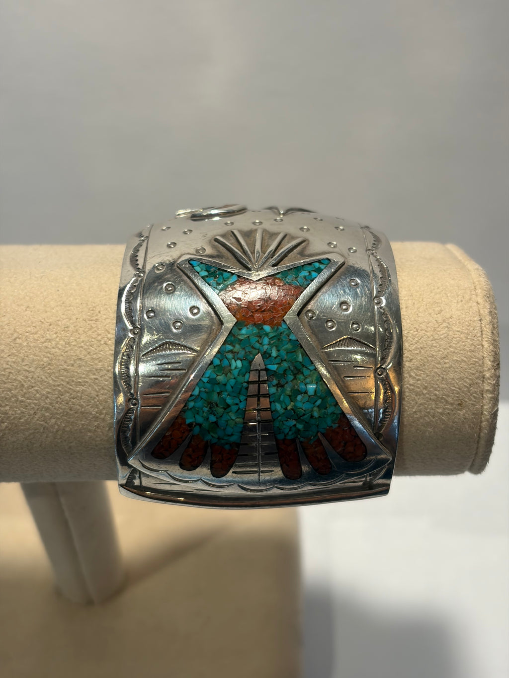 Large Sterling Inlaid Turquoise , and Coral Navajo Cuff bracelet