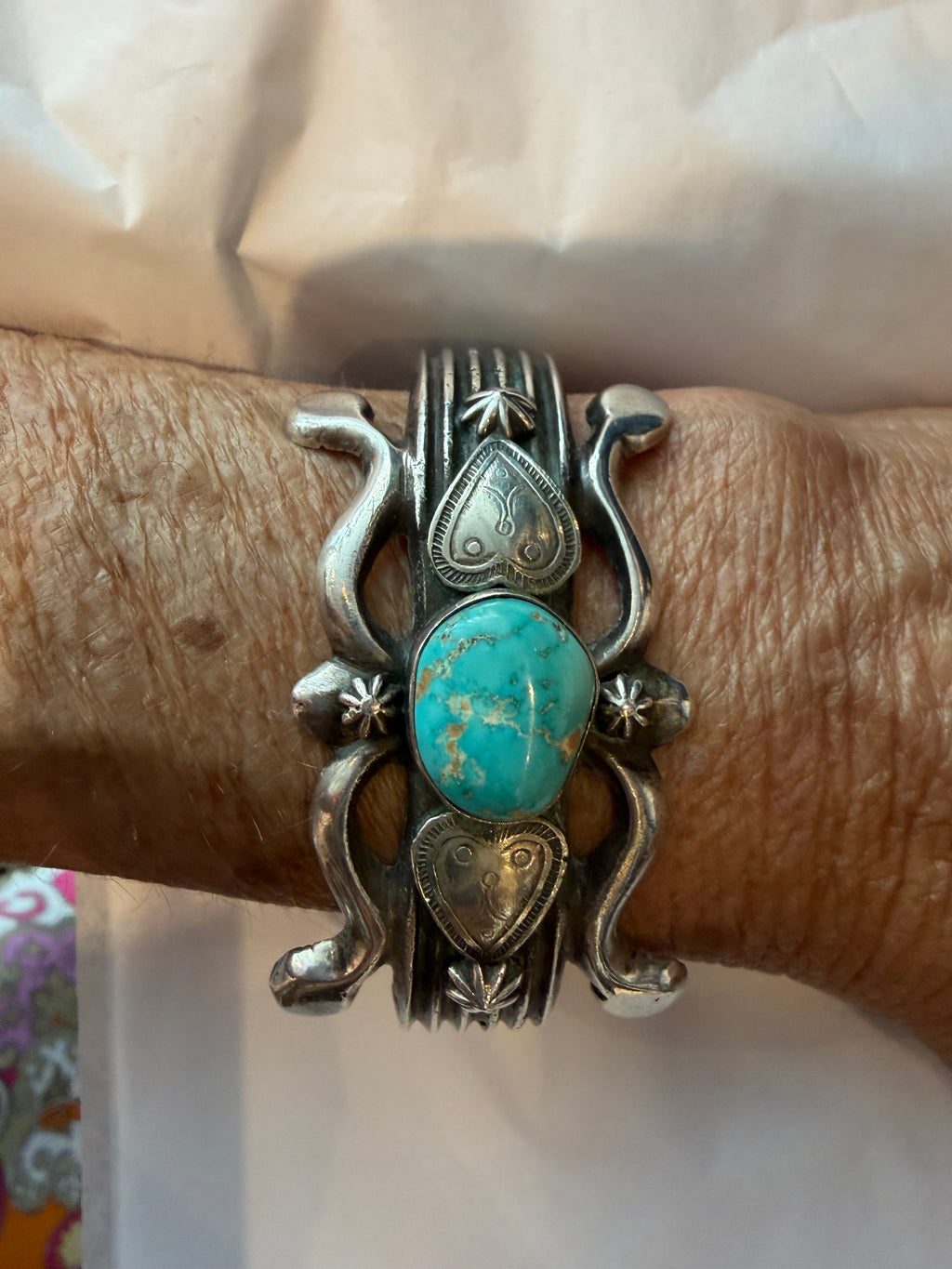 Vintage Sterling signed C.W.P Navajo Turquoise Cuff heart motif Bracelet