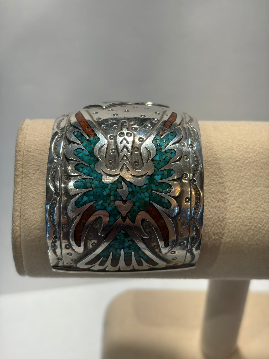 Large Sterling Inlaid Turquoise , and Coral Navajo Cuff bracelet