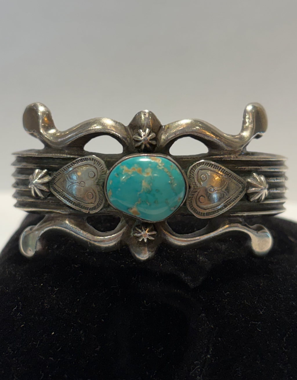 Vintage Sterling signed C.W.P Navajo Turquoise Cuff heart motif Bracelet