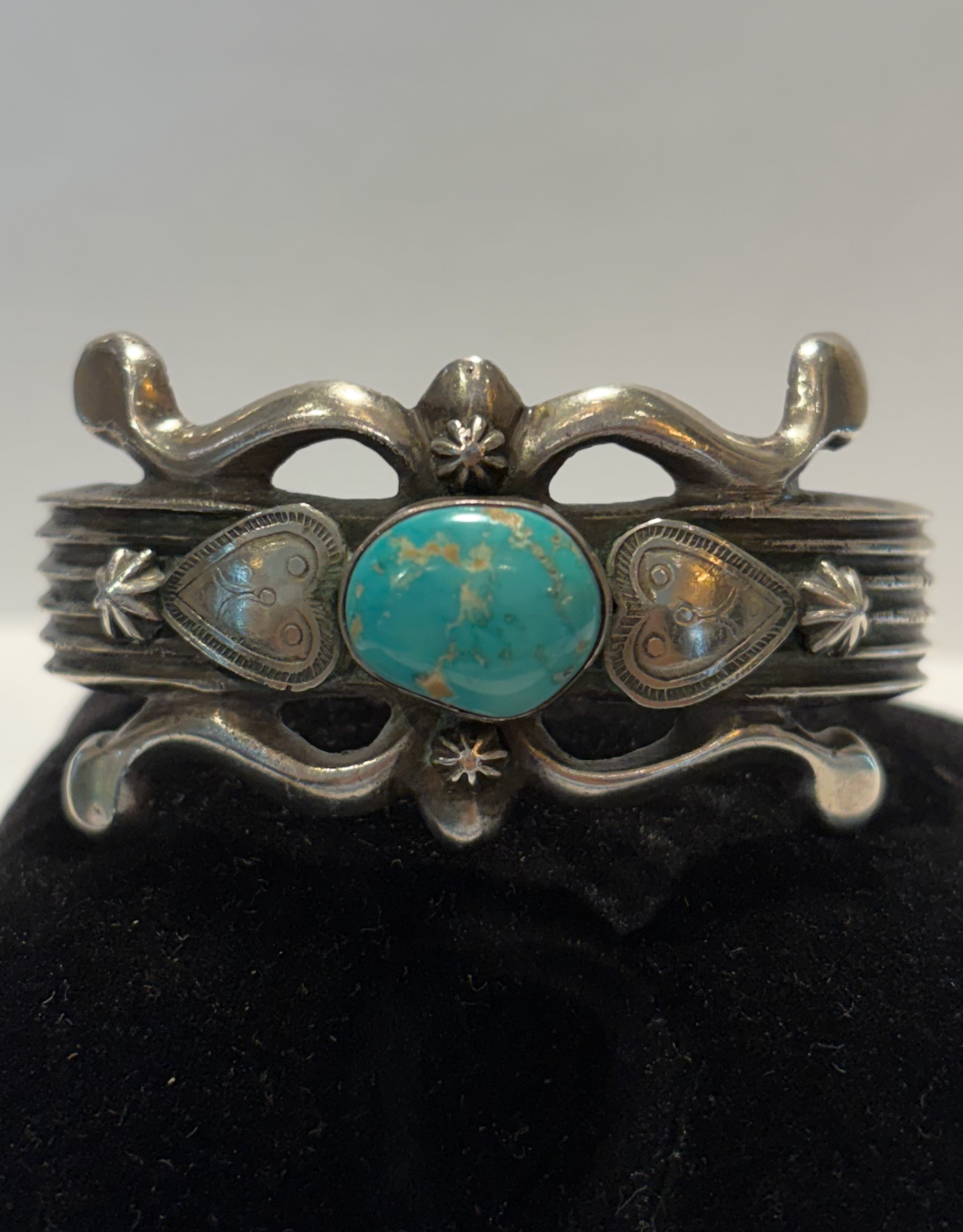 Vintage Sterling signed C.W.P Navajo Turquoise Cuff heart motif Bracelet