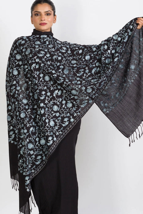 Teal  Embroidered wool Shawl